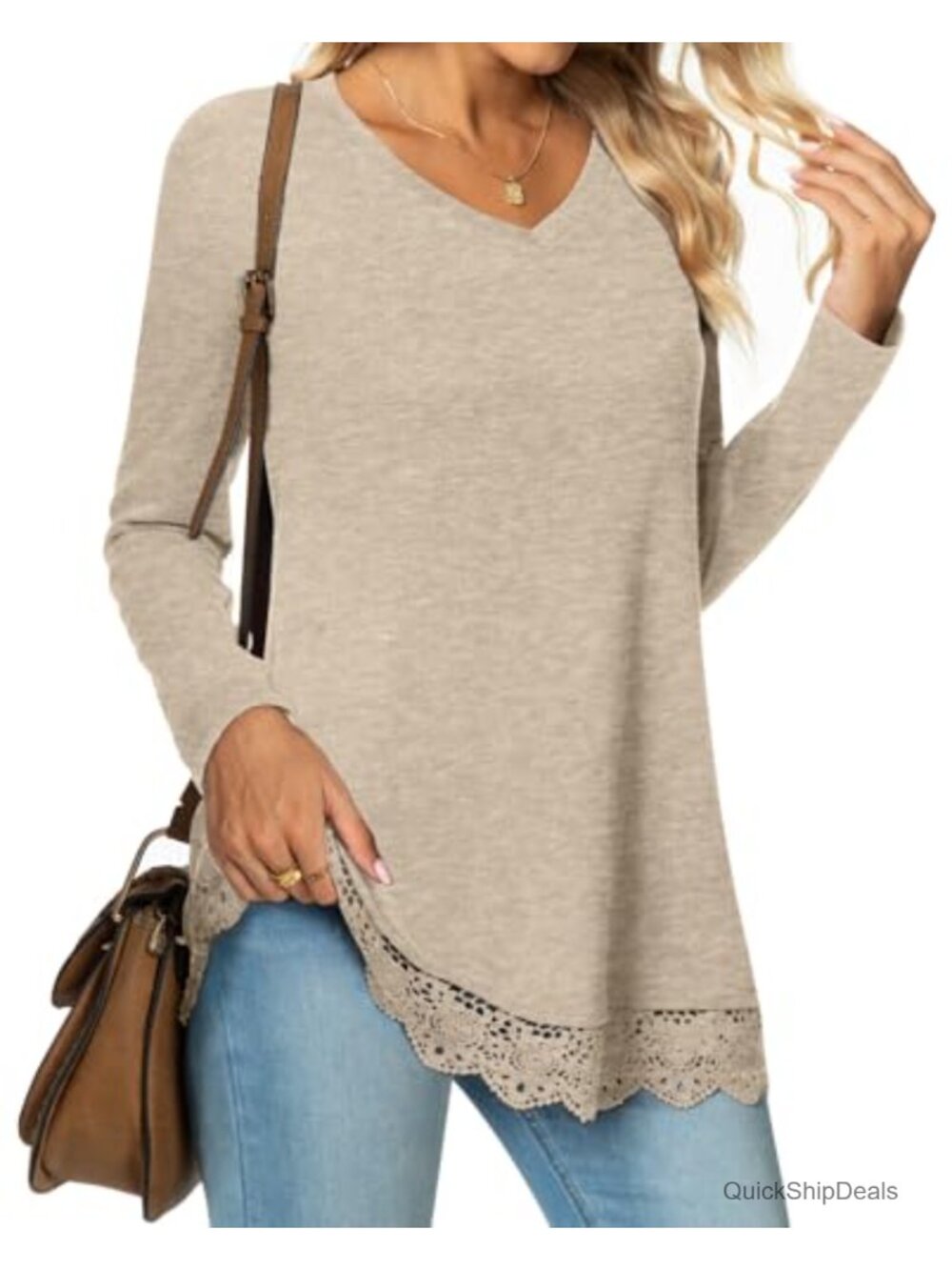 Loose Fit Long Sleeve V-Neck Tunic Blouse Casual Dressy Top